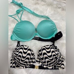 A set of Victoria's Secret Aqua and Black Wave Bombshell Swim Tops